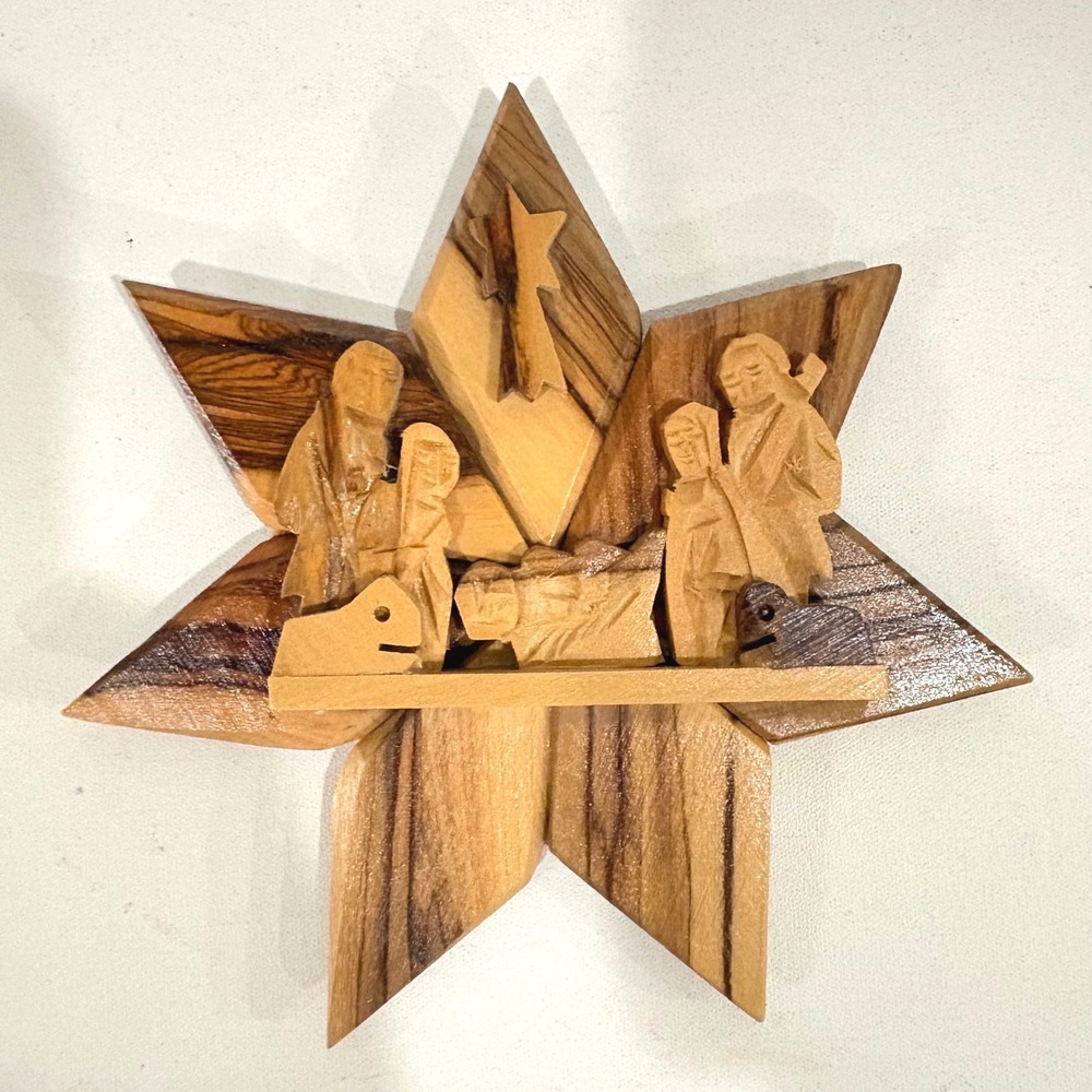 Hand Carved Olive Wood Nativity Star Wall Hanging Religious Christmas Decor